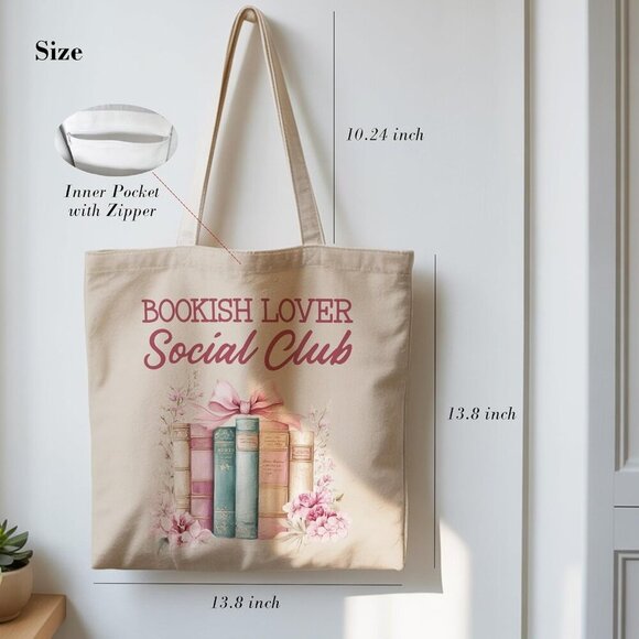 Bookish Lover Tote Bag Canvas Pink Bow Book Club Gift for Women - Picture 5 of 7